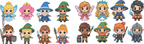 This extensive collection features a diverse group of twenty charming cartoon fantasy characters, including fairies, wizards, princesses, and various adventurers, all rendered in a cute, chibi-like st