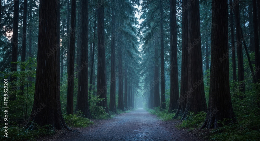 Fototapeta premium Misty forest path. Tall trees line a path, shrouded in a misty atmosphere