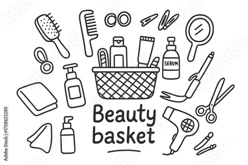 Beauty Basket Doodle. Beauty basket. Hand-drawn doodle illustration of Beauty basket. Basket, hairbrush, comb,