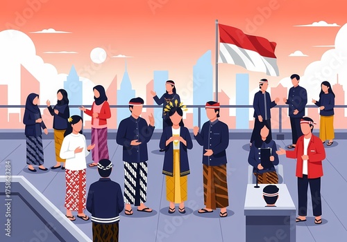 Diverse Indonesian people celebrating national pride with flag and skyline backdrop, vibrant community spirit
