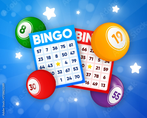 Lottery tickets. Lotto bingo cards with numbers, keno gambling. Colorful betting sheets with lucky numbers. Gaming industry and casino advertising. Vector Illustration.