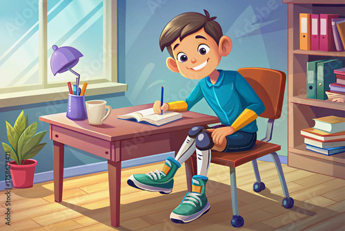 smiling student with prosthetic leg vector studying confidently at desk, showing inclusion, equality, and determination in an adaptive educational environment