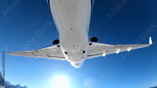 Experience the thrill of flight as a private jet soars above snow-capped mountains on a bright, clear day offering luxury travel dreams