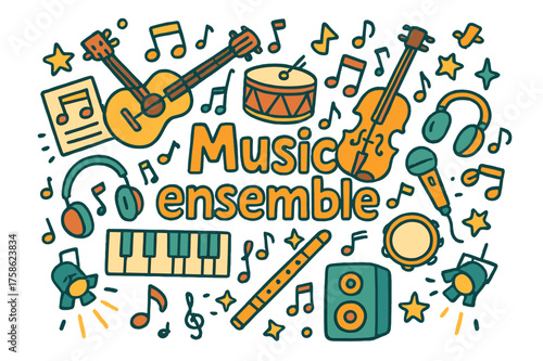 Colorful Musical Ensemble. Music ensemble. Hand-drawn doodle illustration of Music ensemble. Guitar, drum,