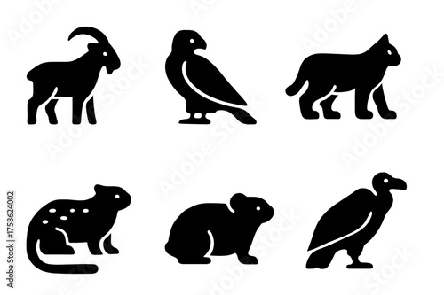 Cliff-Dweller Icons. Cliff-Dwelling Animals. Filled icon set of Cliff-Dwelling Animals: mountain goat, eagle,