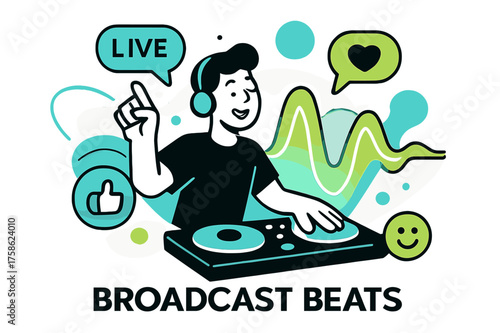 Broadcast Beats. Music and social media. Character live streaming glowing music set with floating abstract