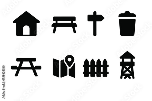 Park Facilities Icons. Park Facilities. Filled icon set of Park Facilities: visitor center, bench, trail sign,