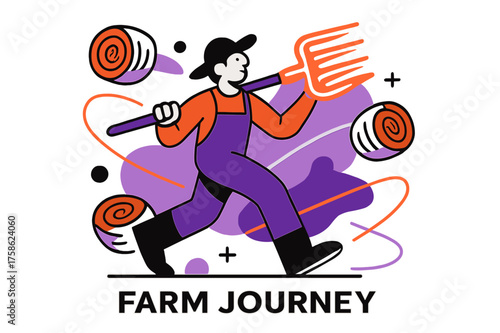 Glowing Farm Journey. Pitchfork handle. Character carrying glowing pitchfork through abstract field, floating