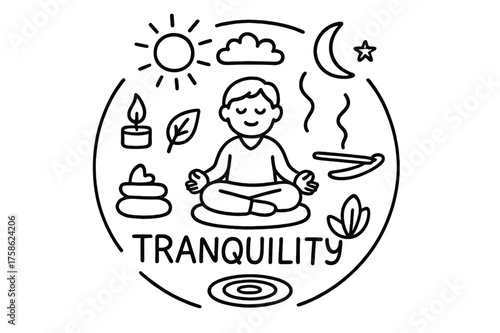 Tranquil Zen Doodle. Tranquility. Hand-drawn doodle illustration of Tranquility. Person sitting, lotus