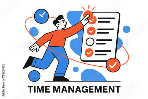 Time Management Illustration. Workplace adaptability. Character adjusting glowing schedule on abstract digital