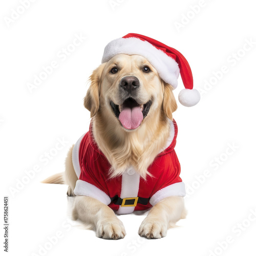 Golden Retriever dog dressed in Santa Claus costume for Christmas.