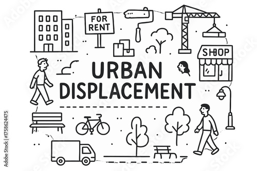 Urban Displacement Doodle. Urban displacement. Hand-drawn doodle illustration of Urban displacement. Apartment