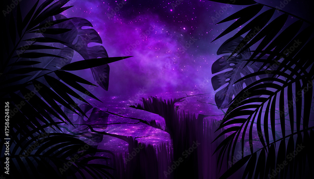 Fototapeta premium Silhouettes of tropical leaves against the background of a night landscape, abstract neon lights.