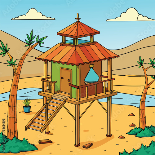a mongolian desert oasis wooden treehouse .eps