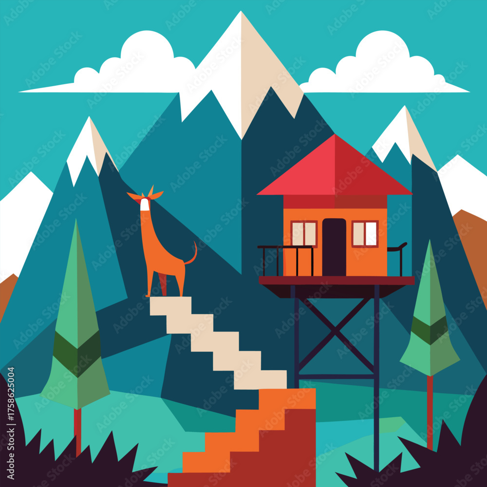 Fototapeta premium a peruvian andes mountain treehouse with llama nea (1).eps