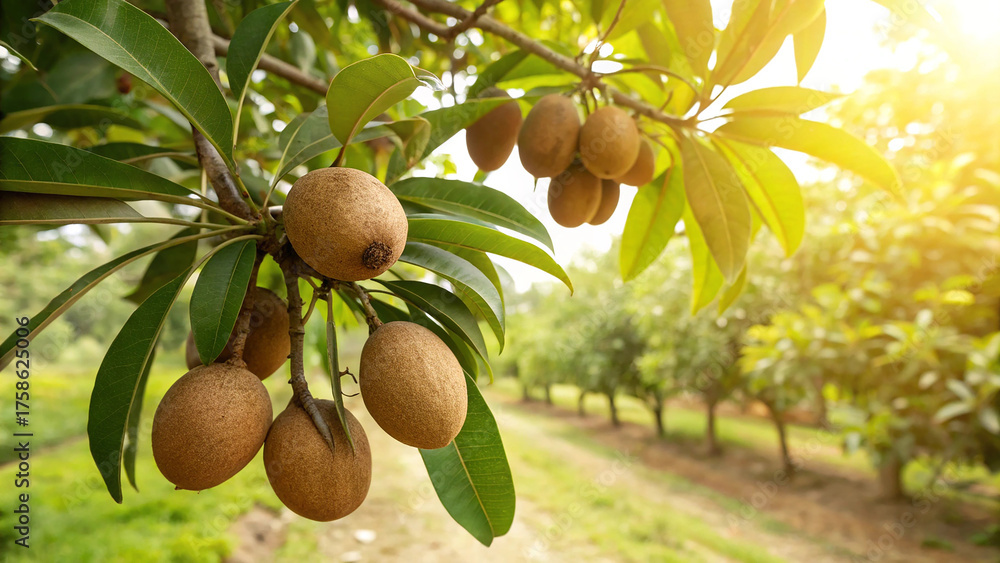 Obraz premium Sapodilla fruit on tree in garden with sunlight manilkara zapota is a longlived, evergreen tree native to southern mexico, central america and the caribbean