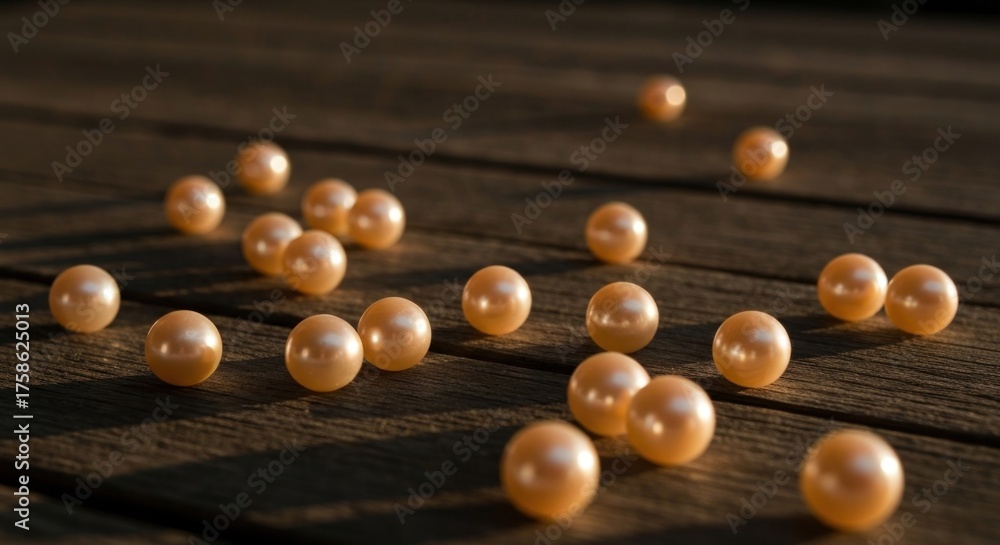 Naklejka premium Peach-colored pearls scattered on a dark wooden surface