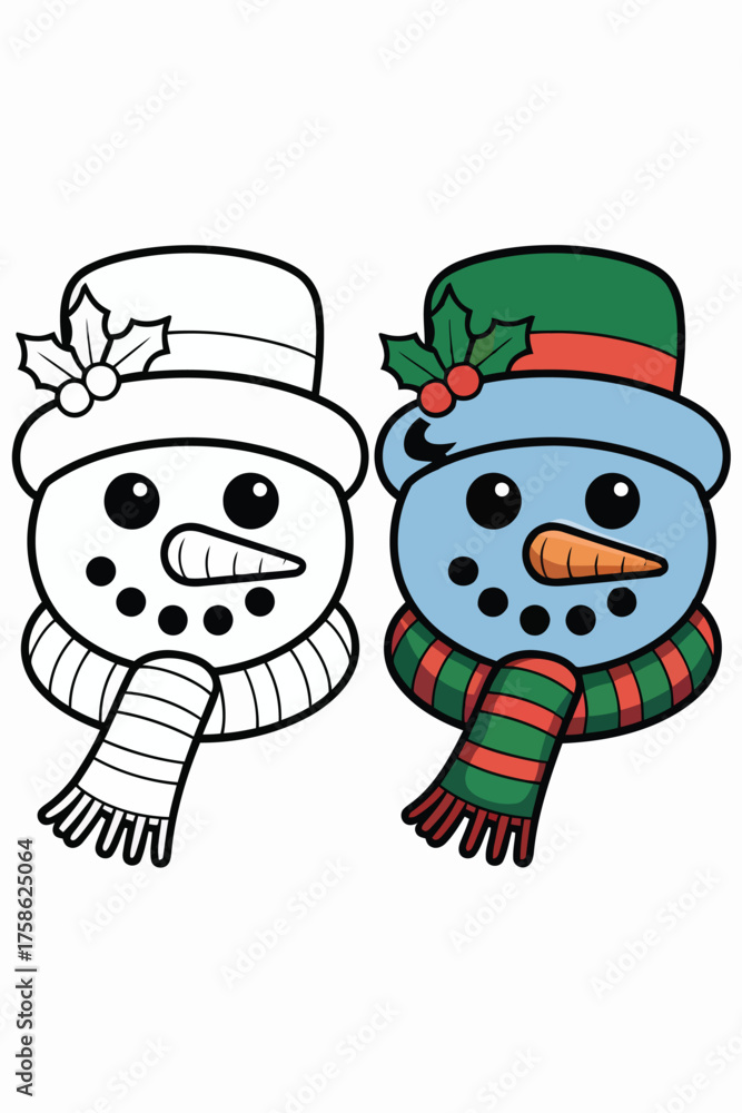 Obraz premium Two cartoon snowmen heads one outline one colored with green hat and striped scarf snowman winter