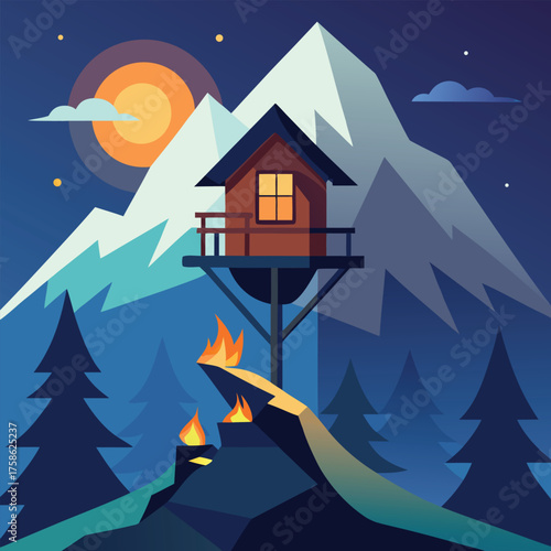 a snowy mountain ridge treehouse glowing with fire (1).eps