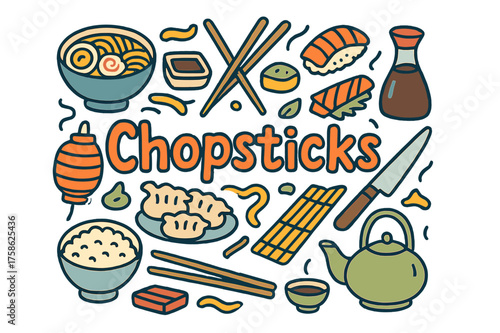 Chopsticks Doodle Art. Chopsticks. Hand-drawn doodle illustration of Chopsticks. Wooden chopsticks, ramen bowl