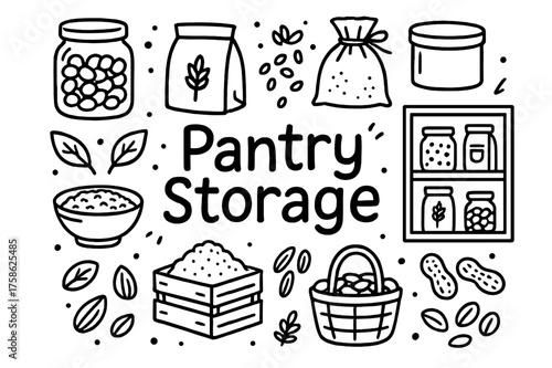Pantry Storage Doodles. Pantry Storage. Hand-drawn doodle illustration of Pantry Storage. glass jar, paper bag