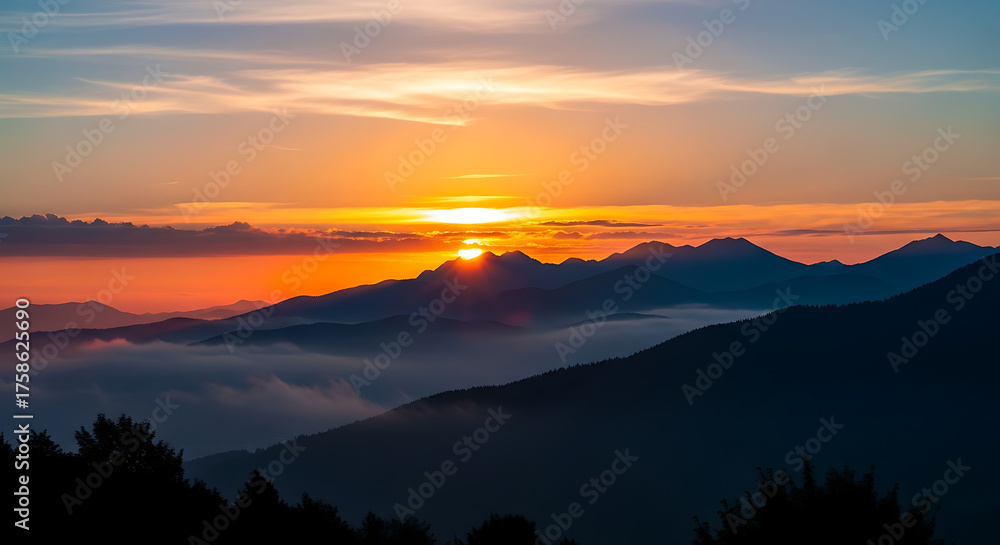 Obraz premium Golden Hour Sunset over Layered Mountains with Mist and Dramatic Sky