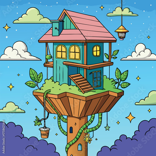 a surreal upside down treehouse glowing in sky .eps