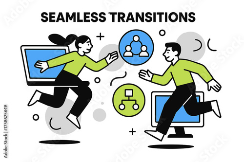 Adaptable Workplace Dynamics. Workplace adaptability. Character switching between glowing screens and floating