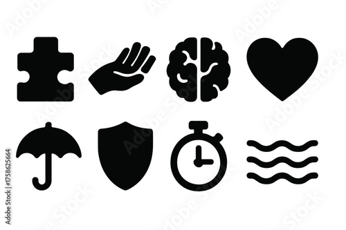Coping Strategies Icons. Coping Strategies. Filled icon set of Coping Strategies: puzzle piece, hand, brain,