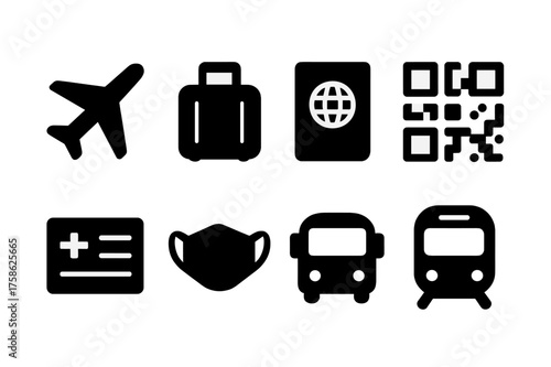 Travel Essentials Icons. Travel changes. Filled icon set of Travel changes: airplane, suitcase, passport, QR