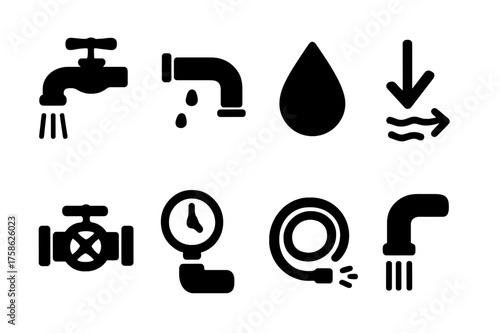 Water Flow Icons. Water flow. Filled icon set of Water flow: faucet, pipe, water droplet, flow arrow, valve,