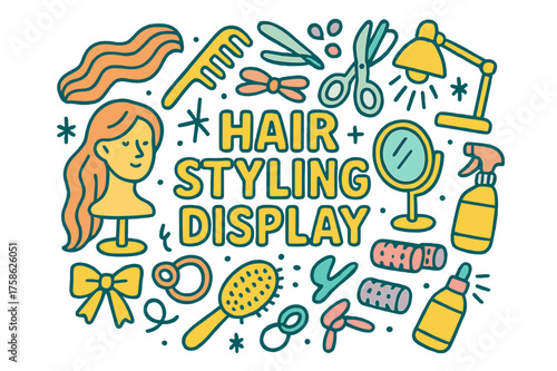 Hair Styling Essentials. Hair Styling Display. Hand-drawn doodle illustration of Hair Styling Display.