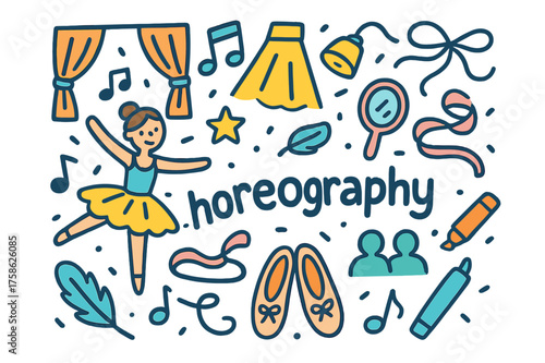 Dance Doodle Art. Choreography. Hand-drawn doodle illustration of Choreography. dancer, music notes, stage,