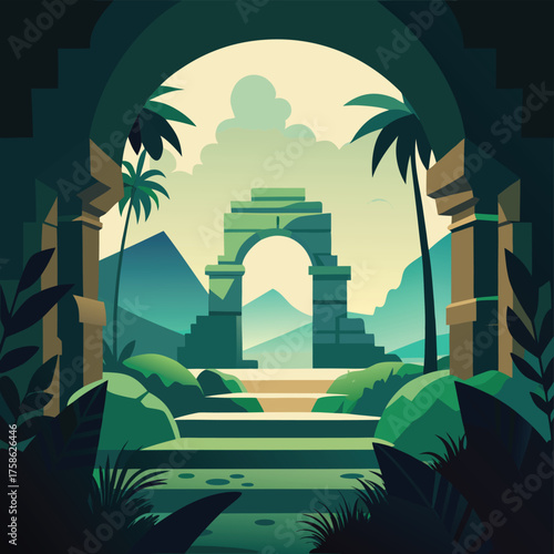 aztec stone arch hidden in jungle  (2).eps