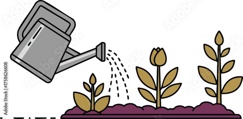 Watering can irrigates plants in a garden showing growth and development stages