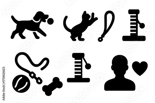 Pet Icon Grid. Pet Activities. Filled icon set of Pet Activities: dog fetch, cat playing, leash, scratching