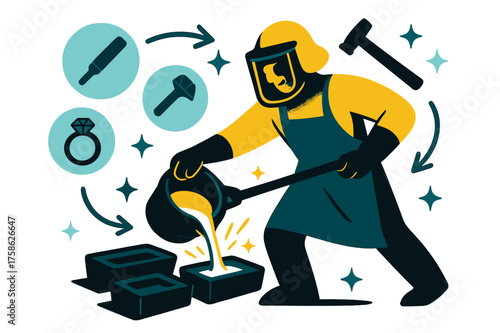 Molten Metal Casting. Casting techniques. A glowing character pouring molten metal into molds with floating