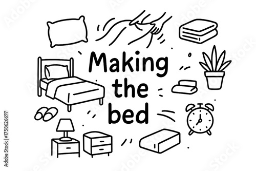 Making the Bed Doodle. Making the bed. Hand-drawn doodle illustration of Making the bed. Bed, pillow, blanket,