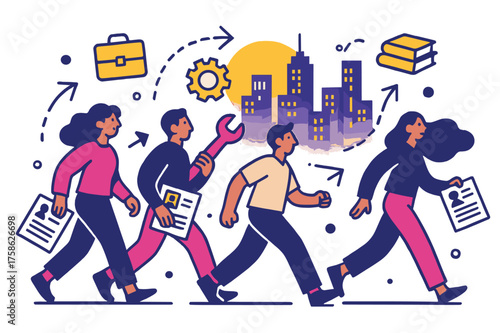 Ambitious Journey Forward. New opportunities. Migrants holding resumes and tools while walking toward glowing