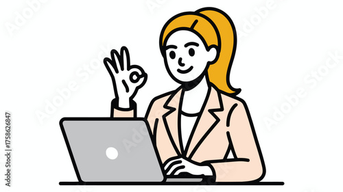 Woman in peach jacket with blonde ponytail using laptop and showing okay hand gesture computer