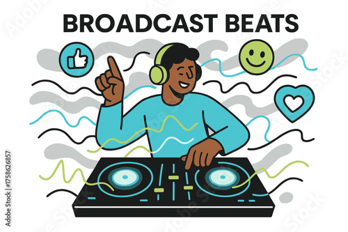 Broadcast Beats. Music and social media. Character live streaming glowing music set with floating abstract