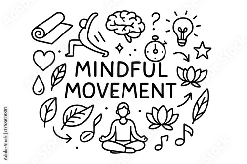 Mindful Movement Sketch. Mindful Movement. Hand-drawn doodle illustration of Mindful Movement. yoga mat,