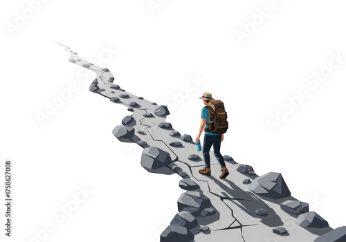Lone hiker stands on a rocky mountain path isolated on transparent background
