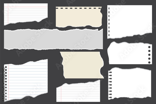 Jagged torn paper set. Black shape ripper and strip. Texture grunge element collection. Vector illustration.  Different shapes of white ripped paper scraps with empty spaces. EPS 10