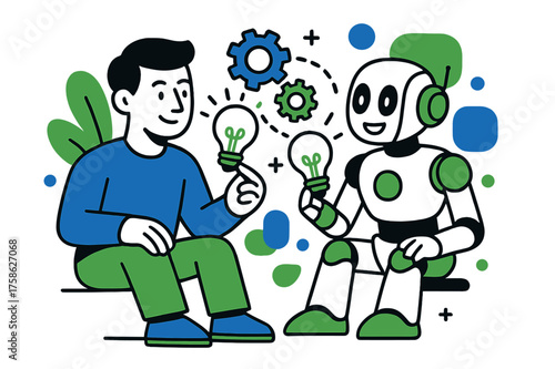 AI-Human Synergy. AI-Human Collaboration. A person and a friendly robot sit side by side, exchanging glowing