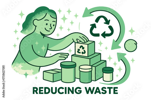 Eco-Friendly Packaging Art. Reducing waste. A glowing character arranging multiple eco-friendly packages,