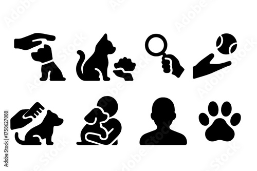 Pet Owner Icons. Owner Interaction. Filled icon set of Owner Interaction: hand petting dog, feeding cat, leash