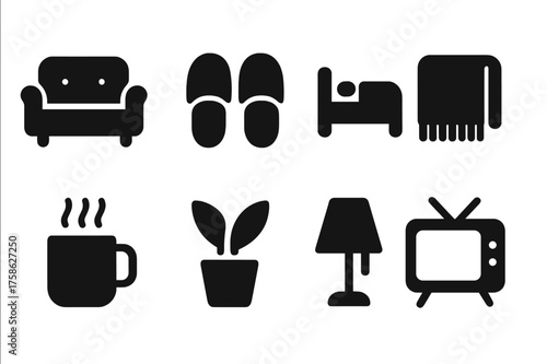 Comfort Living Icons. Comfort living. Filled icon set of Comfort living: sofa, slippers, bed, blanket, hot