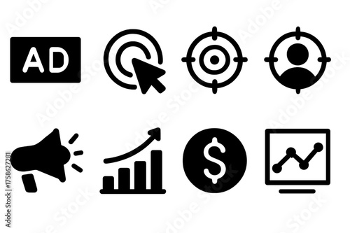 Targeted Advertising Icons. Targeted Advertising. Filled icon set of Targeted Advertising: ad banner, cursor,