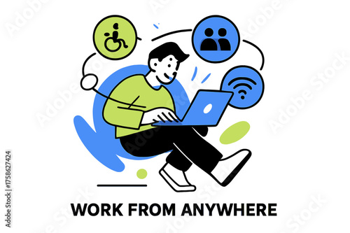 Remote Work Illustration. Inclusive remote work opportunities. Character working on glowing laptop with